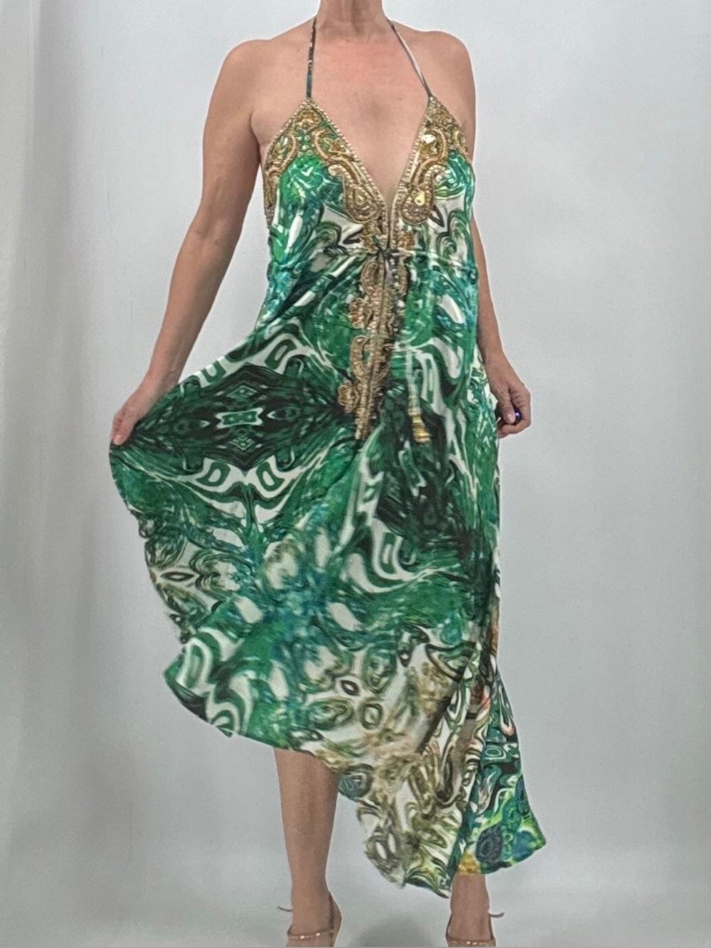 Mannish Vaid Boho Resortwear Tribal Embellished Beaded Summer Midi Halter Dress